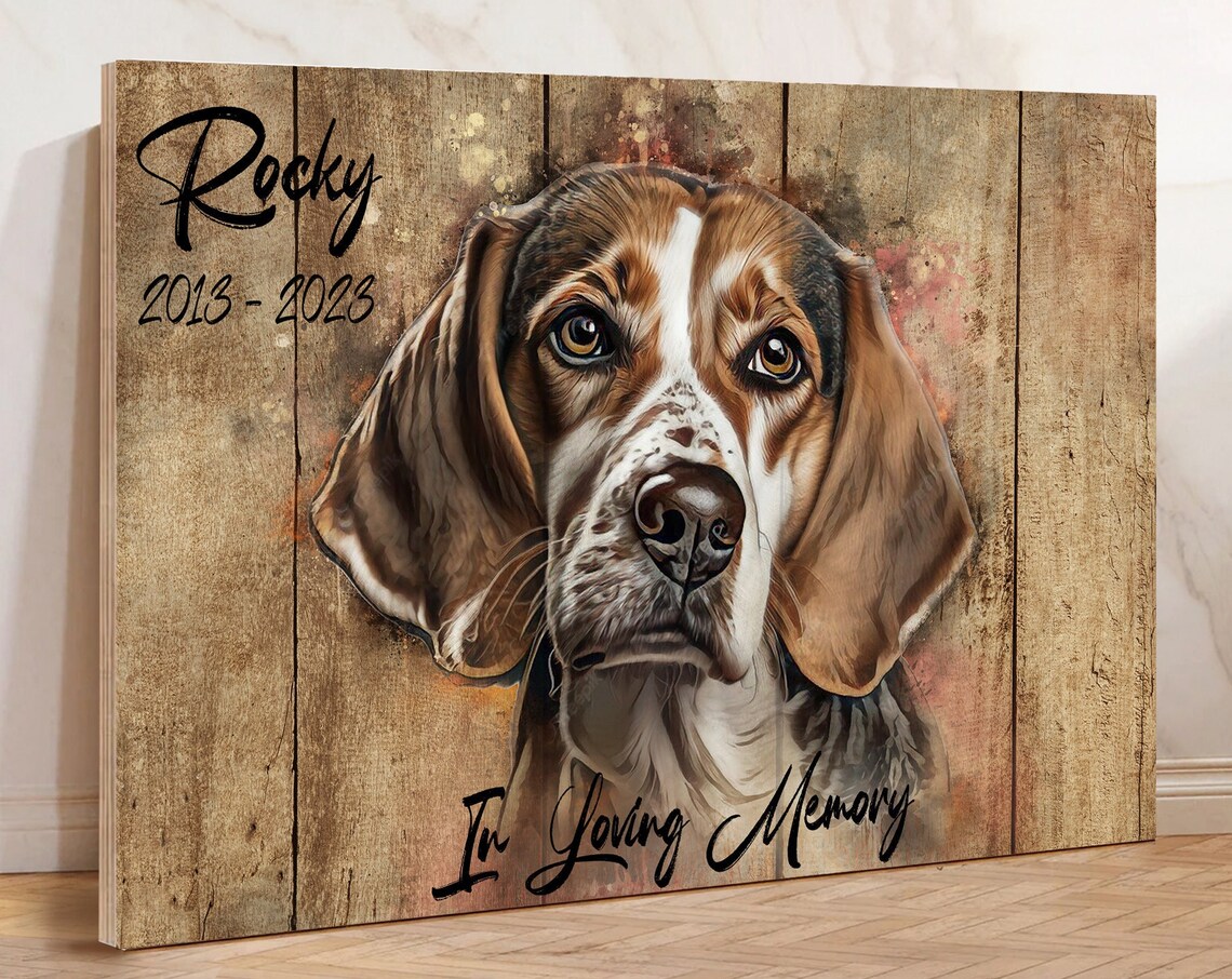 Rocky Beagle Memorial Portrait 2013 to 2023 Rustic Wood Poster