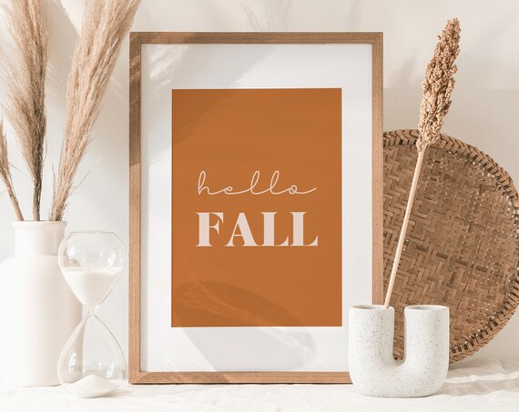 Hello Fall Typography Poster Burnt Orange Autumn Seasonal Decor Gift