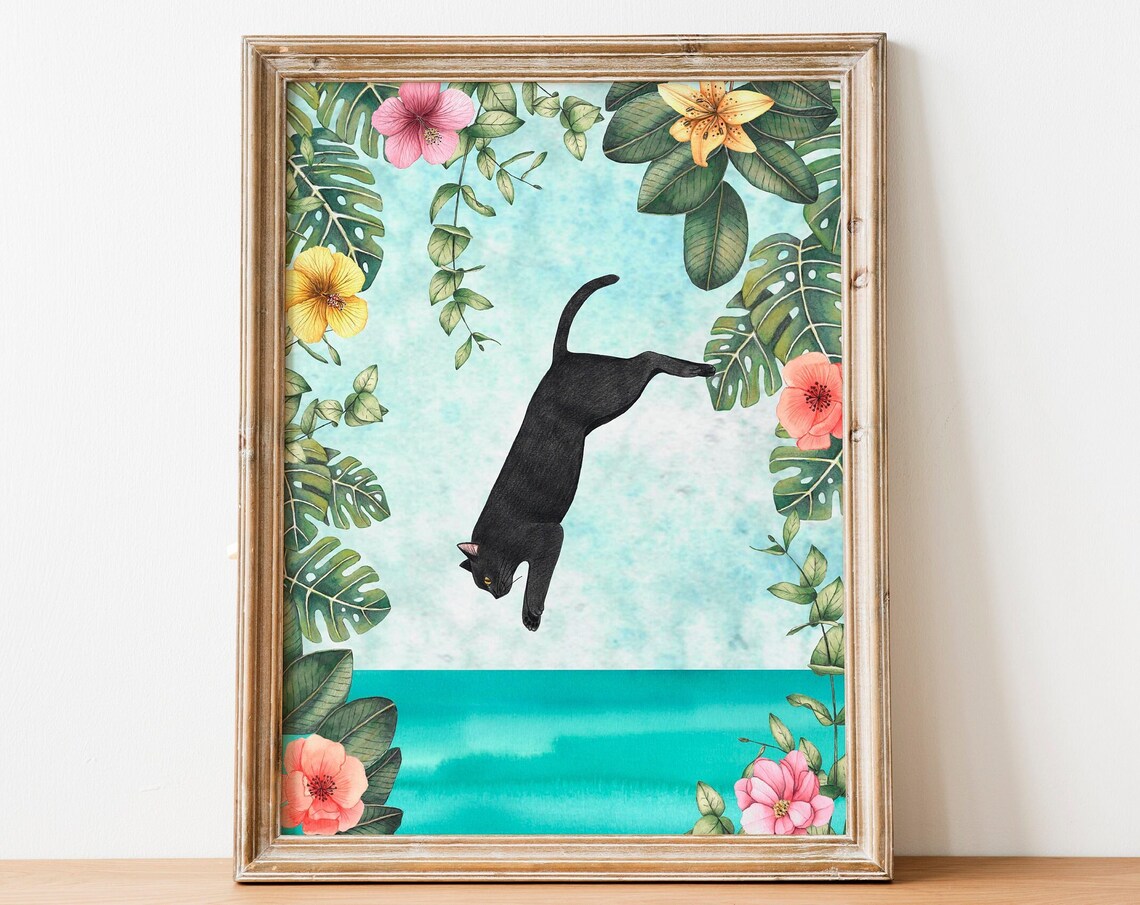 Black Cat Painting Tropical Animal Print