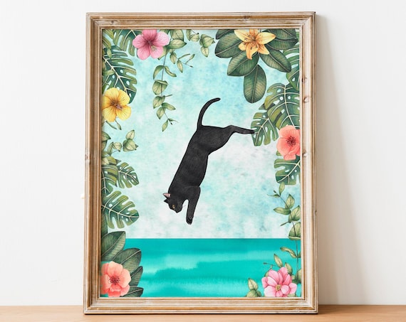 Black Cat Painting Tropical Animal Print