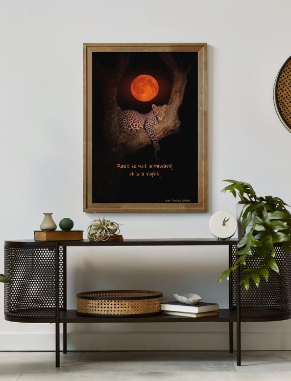 Resting Leopard Red Moon Night Wildlife Quote Zen Sleep Poster