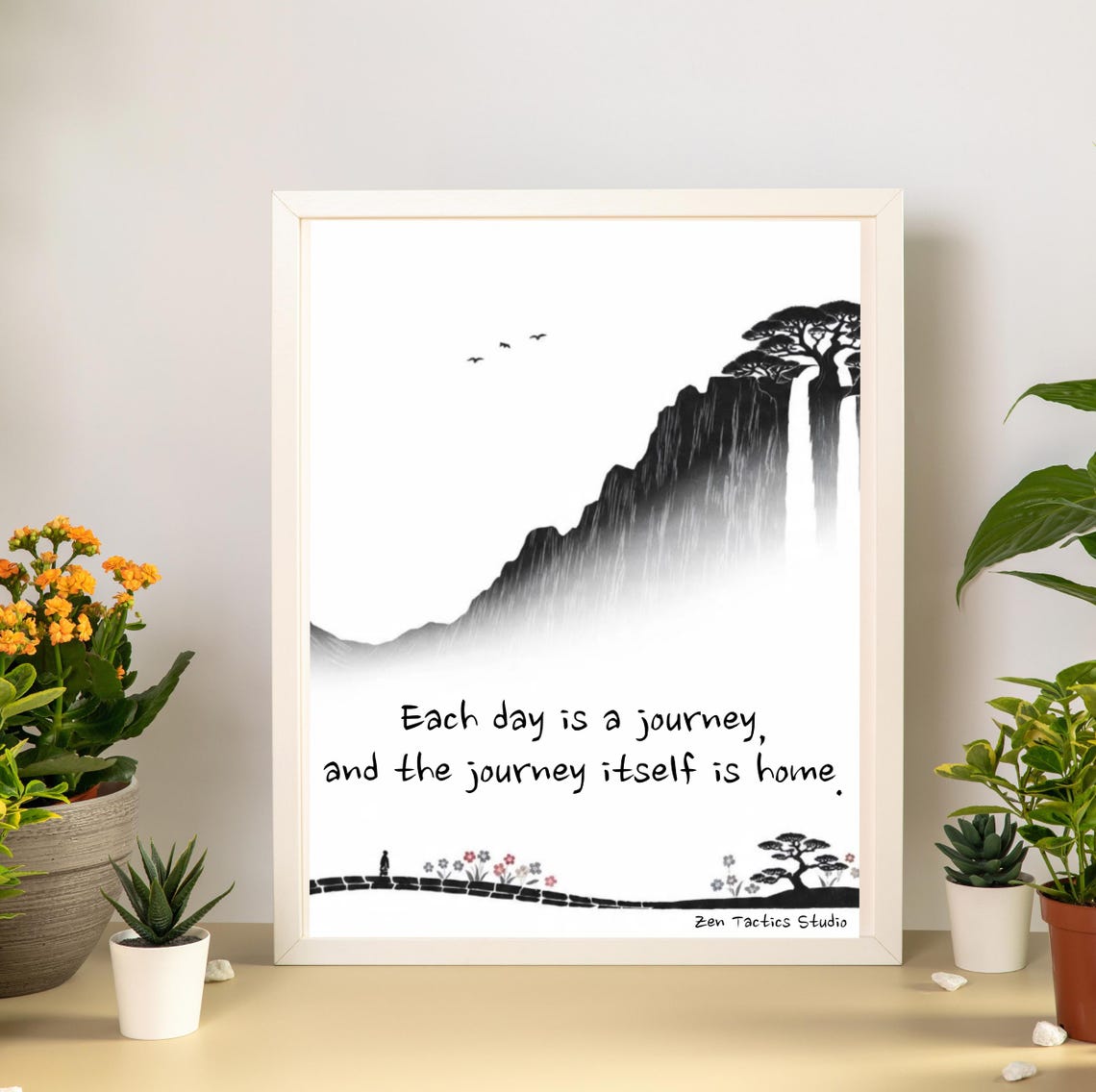 Each Day Is A Journey Japanese Ink Waterfall Sumi E Zen Quote Poster