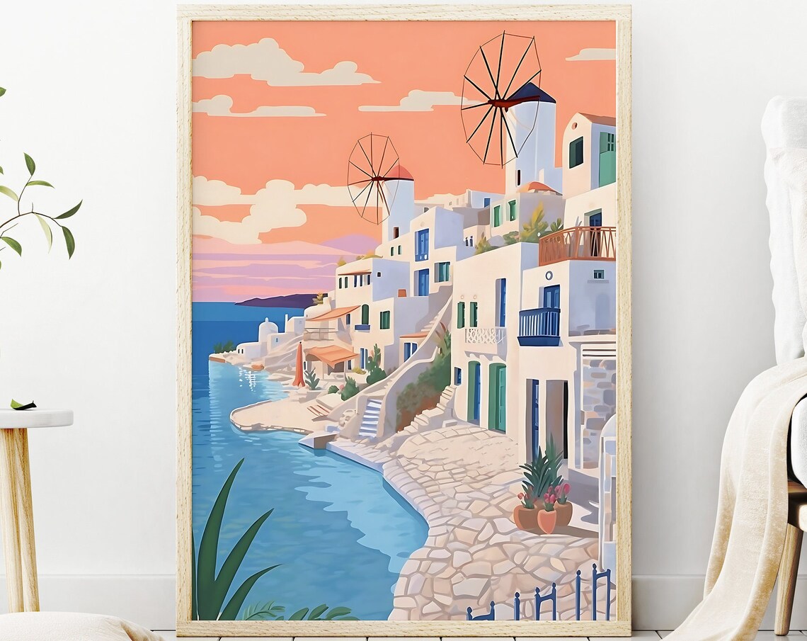 Greek Island Windmills White Houses by the Blue Sea Travel Art Poster