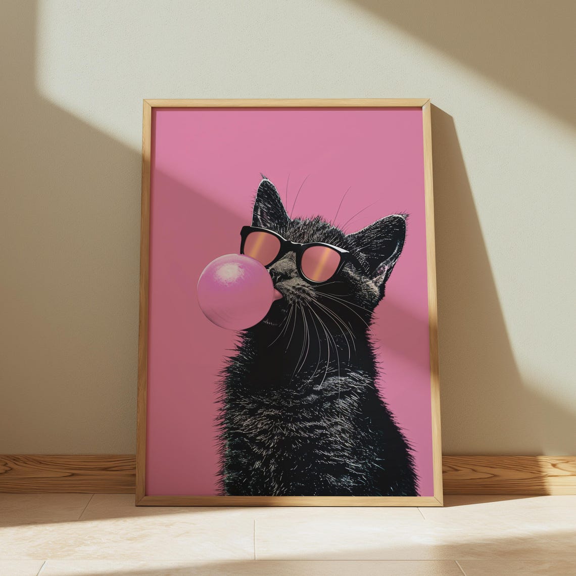 Cool Black Cat Blowing Pink Bubblegum Pop Art Portrait Poster