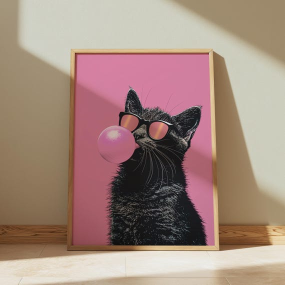 Bubblegum Black Cat Wall Art Funny Cool Poster Pop Animal Print Pink Decor Pet Lover Gift