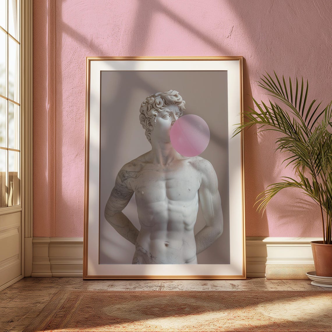 Michelangelo David Statue Blowing Pink Bubblegum Pop Art Poster