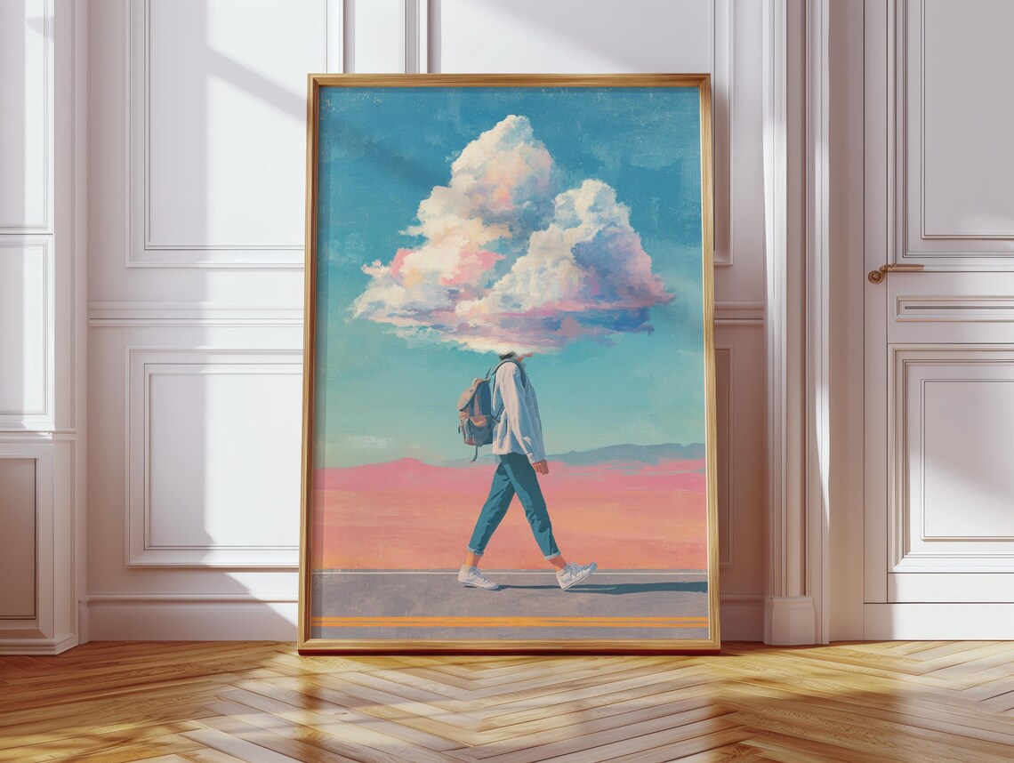 Surreal Female Traveler In The Clouds, Pastel Art Print