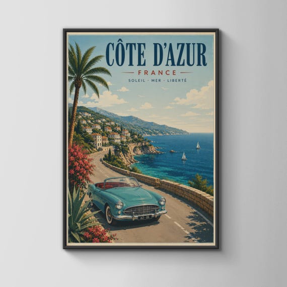 Cote Dazur Vintage Poster French Riviera Art Print Retro Car Wall Coastal Decor