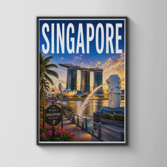 Singapore Travel Poster Merlion Marina Bay Sands Wall Art City Skyline Print