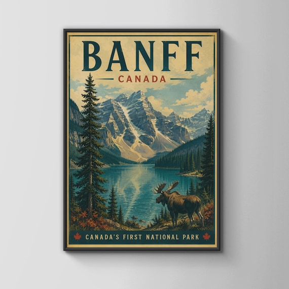 Banff Canada Vintage Travel Poster Moose Mountain Lake National Park