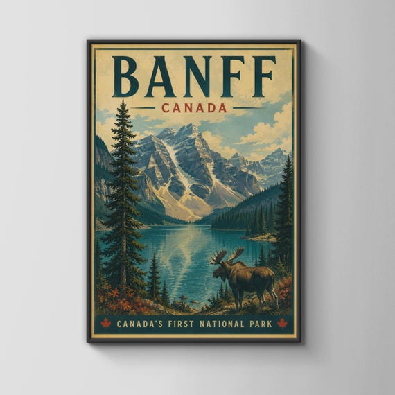 Banff Canada Vintage Travel Poster National Park Mountain Lake Moose Wall Art Print