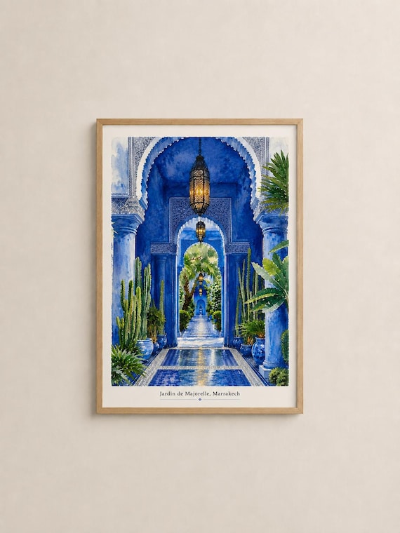 Jardin De Majorelle Marrakech Watercolour Print Moroccan Wall Art Blue Travel Poster Botanical Decor