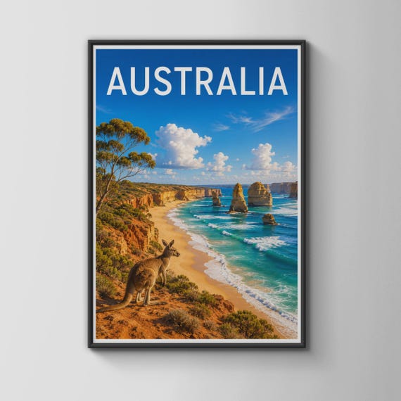 Australia Travel Poster Twelve Apostles Coastal Print Kangaroo Wall Art Great Ocean Road