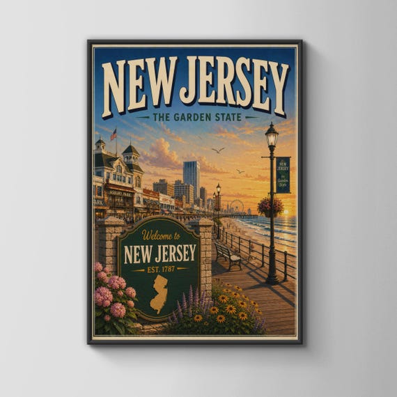 New Jersey Poster Garden State Travel Wall Art Asbury Park Boardwalk Vintage Print