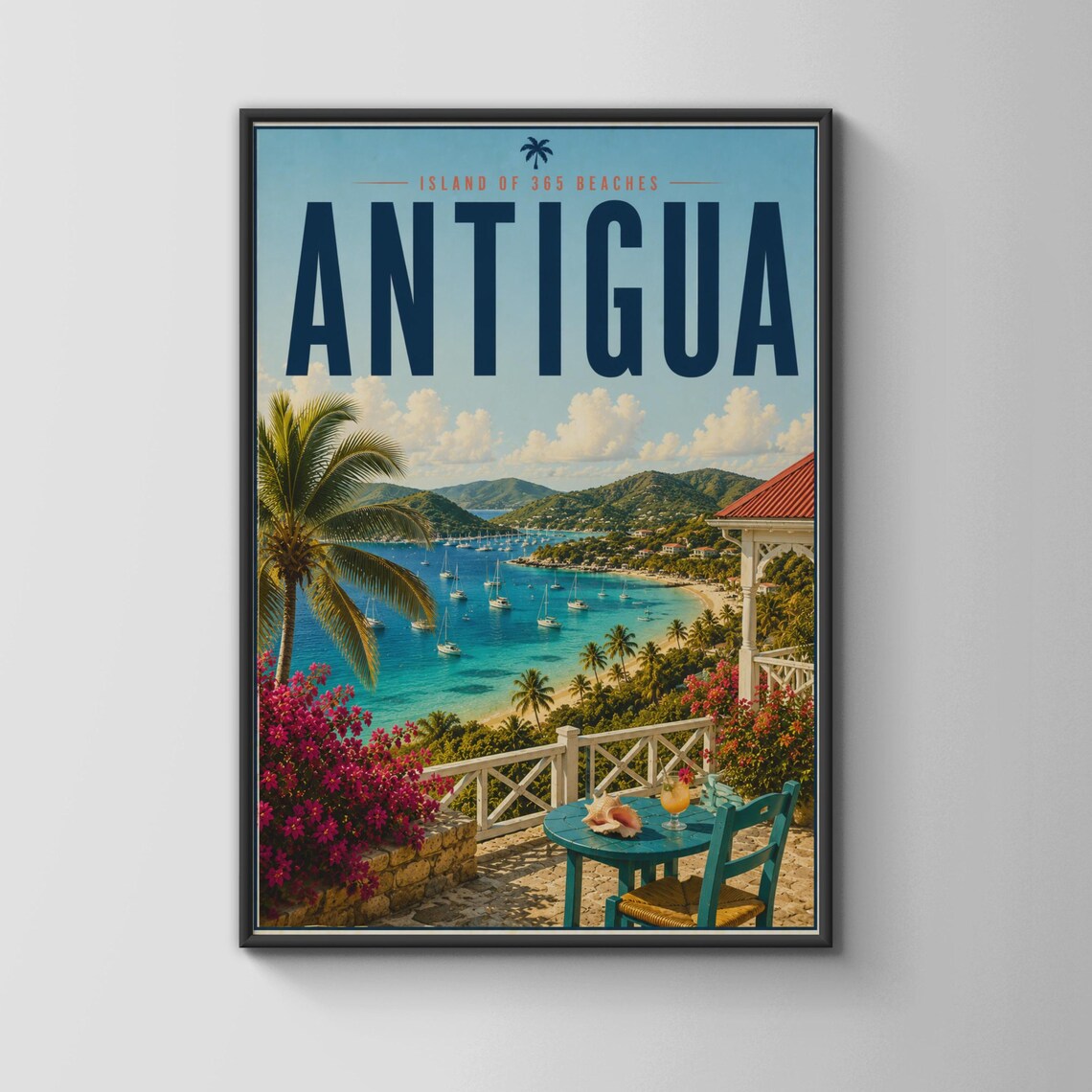 Antigua Island of 365 Beaches Sailboat Bay Vintage Travel Poster