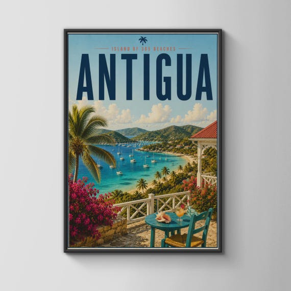 Antigua Vintage Travel Poster Island Of 365 Beaches Wall Art Tropical Beach Decor Coastal Home