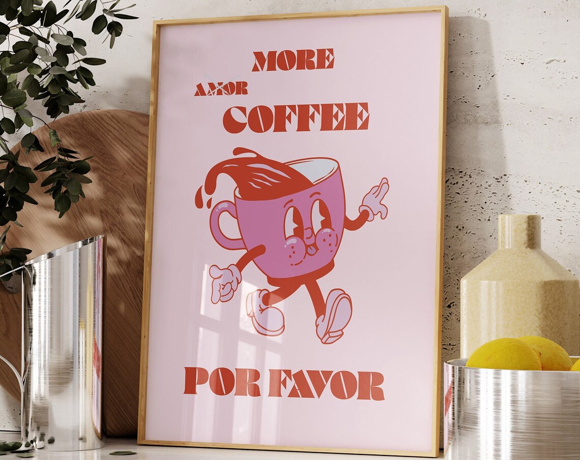 More Amor Coffee Por Favor Cute Retro Coffee Cup Character Poster - Image 3