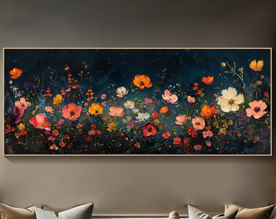 Dark Teal Night Wildflower Meadow Colorful Bloom Painting Wall Art