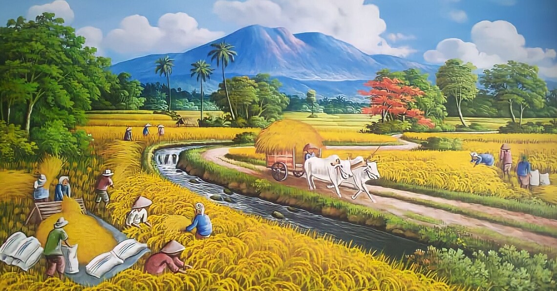 Rice Harvest Landscape Painting, Good Feng Shui Art Print - Image 3