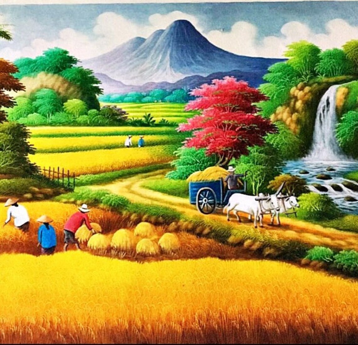 Rice Harvest With Waterfall And Cow Cart Art Print - Image 5