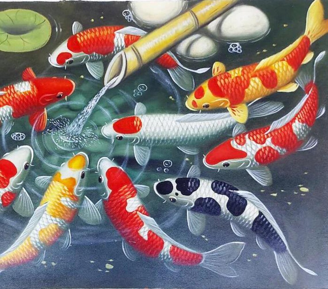 9 Koi Fish Painting With Bamboo Shower Good For Feng Shui - Image 3