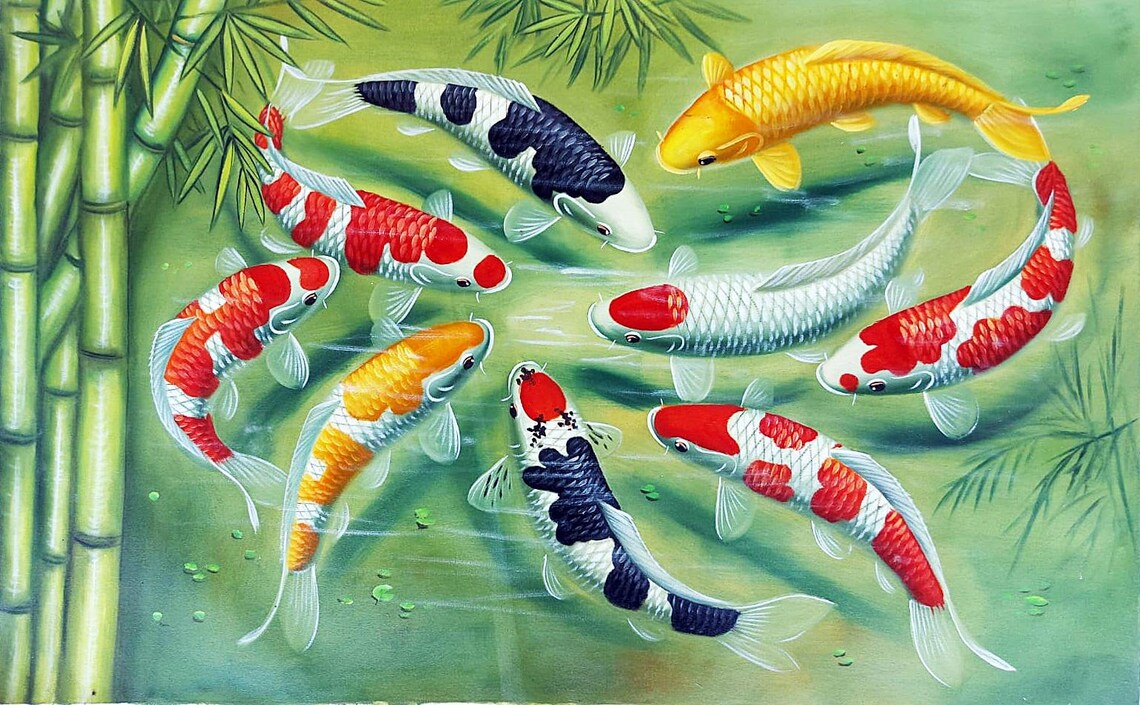 Nine Koi Fish Painting, Tranquil Minimalist Style - Image 2