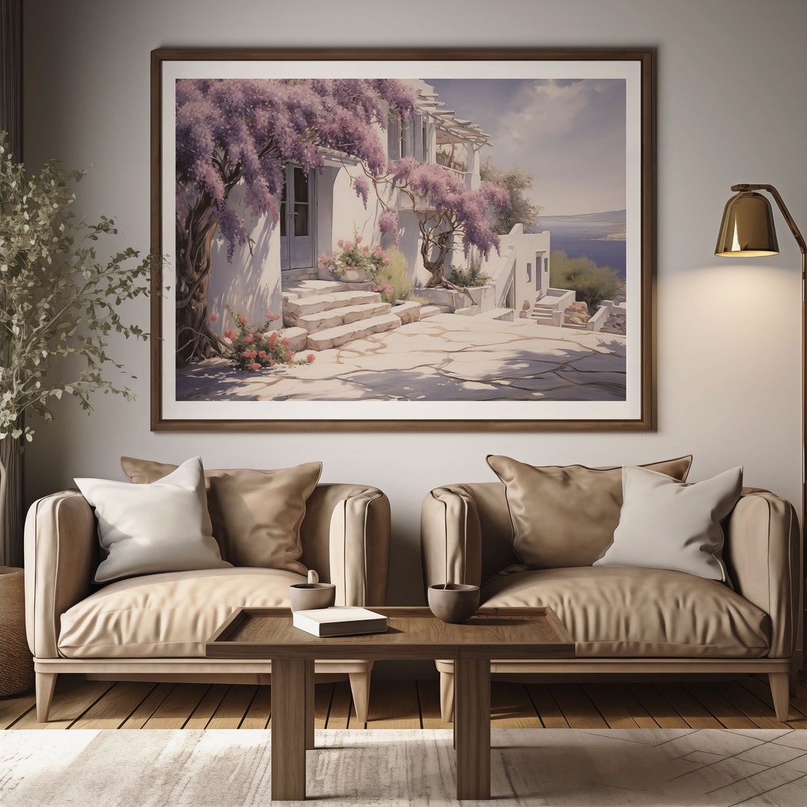 Whitewashed Greek House With Purple Wisteria Overlooking Sea Wall Art - Image 2