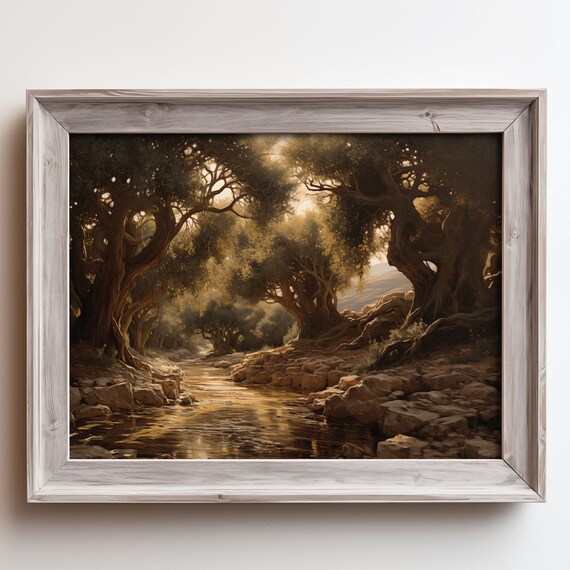 Sunlit Rocky Stream Twisted Oak Grove Arching Trees Oil Painting Poster