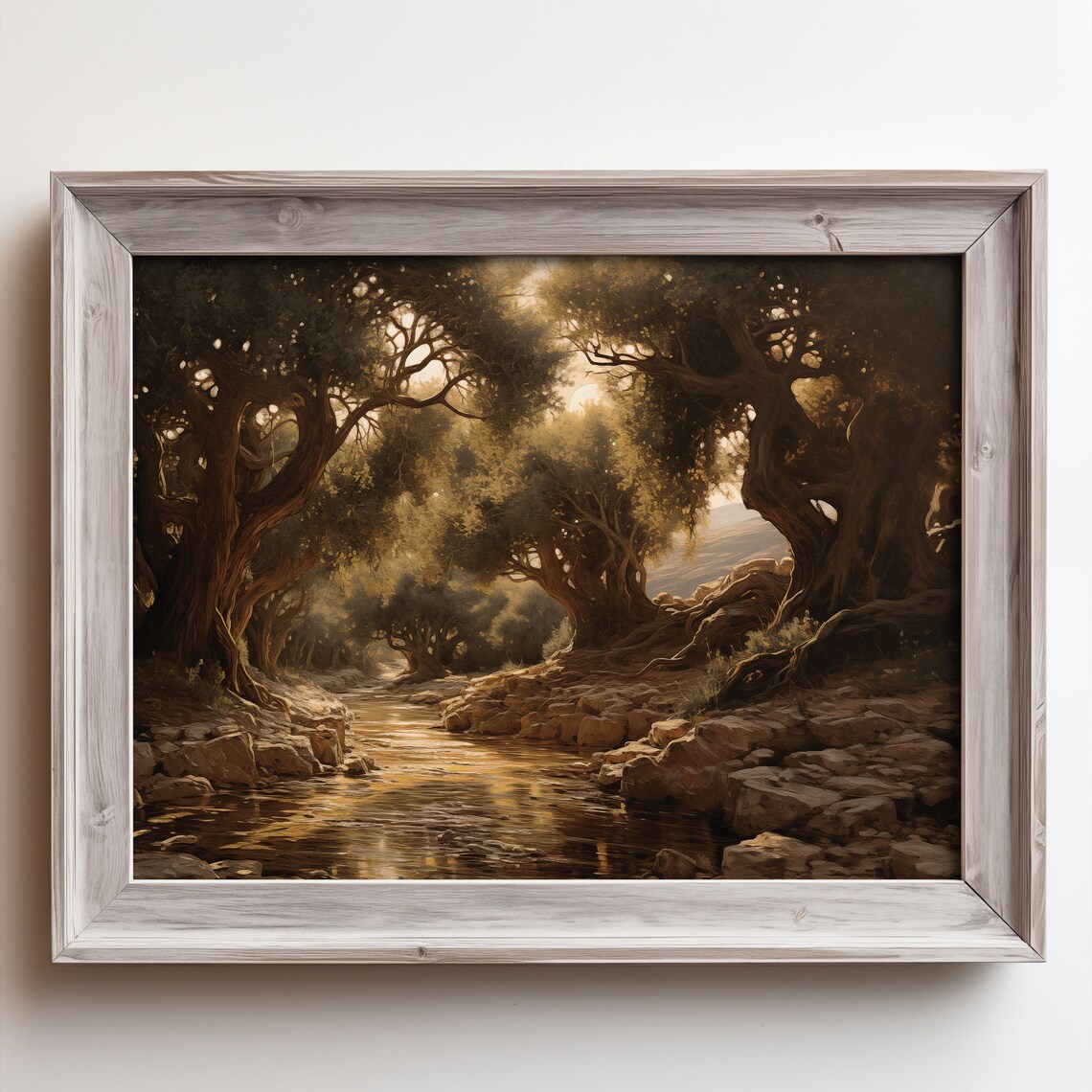 Sunlit Rocky Stream Twisted Oak Grove Arching Trees Oil Painting Poster