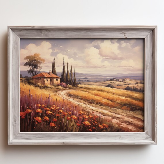 Tuscan Farmhouse Cypress Trees Golden Wheat Fields Oil Painting Poster