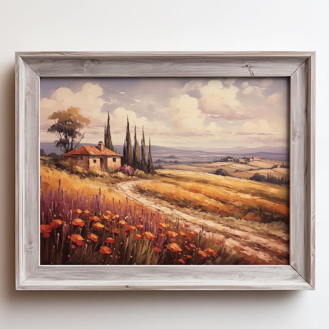Tuscan Farmhouse Cypress Trees Golden Wheat Fields Oil Painting Poster