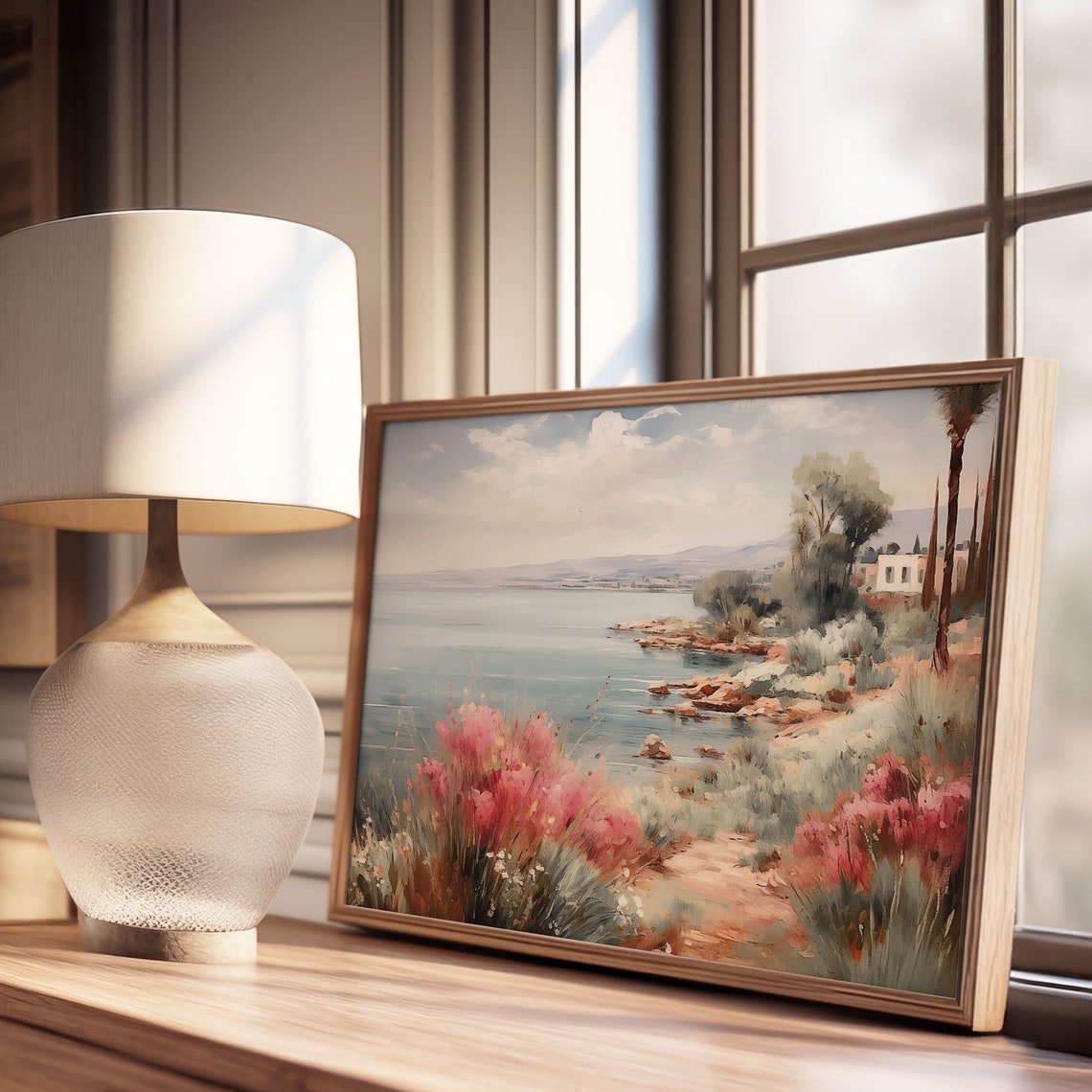 Tranquil Seaside Cove Pink Flowers Palm Rocky Shore Water Poster - Image 2