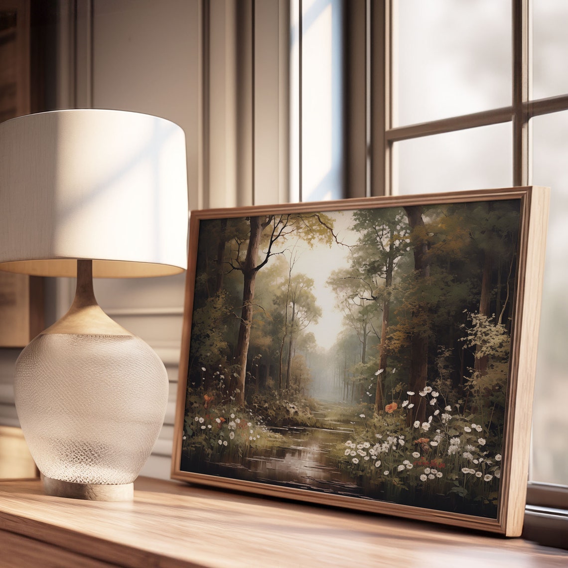 Misty Dark Forest Pond White Wildflowers Moody Oil Painting Poster - Image 3