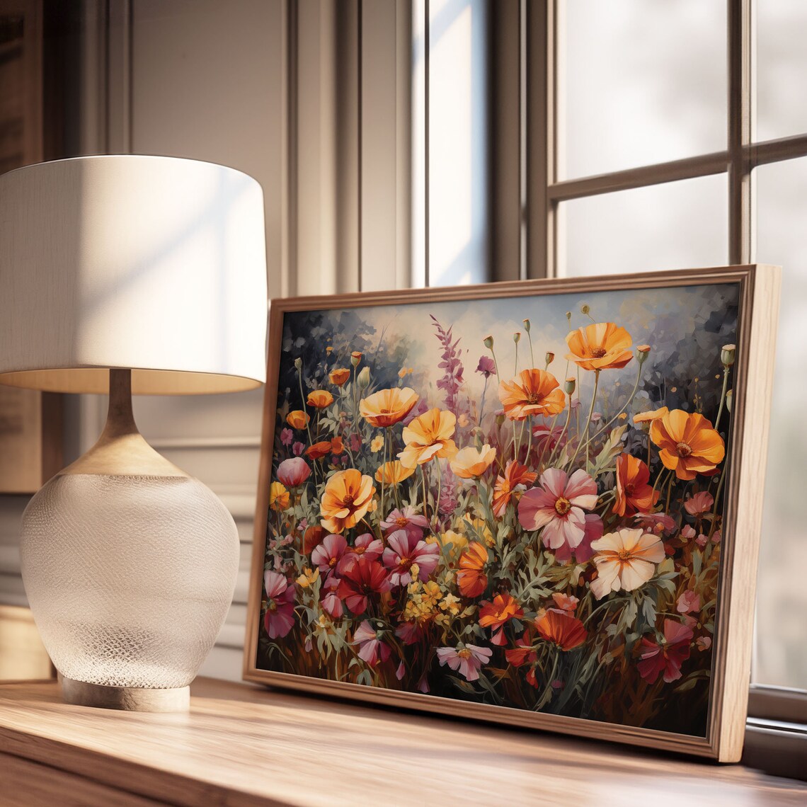 Orange Poppy Pink Cosmos Flower Close Up Oil Painting Poster - Image 3