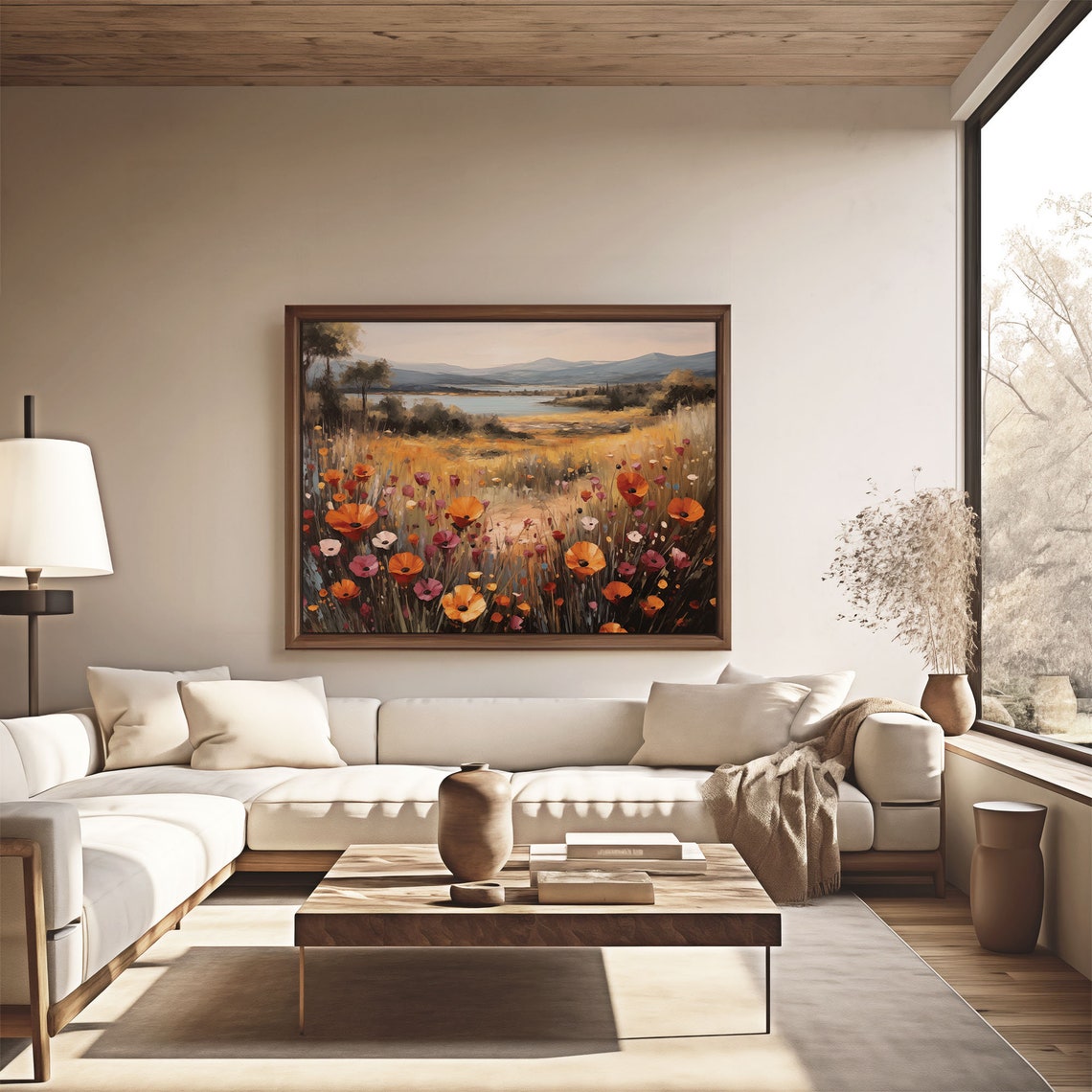 Wild Poppy Meadow By A Blue Lake Golden Mountain Landscape Wall Art - Image 4