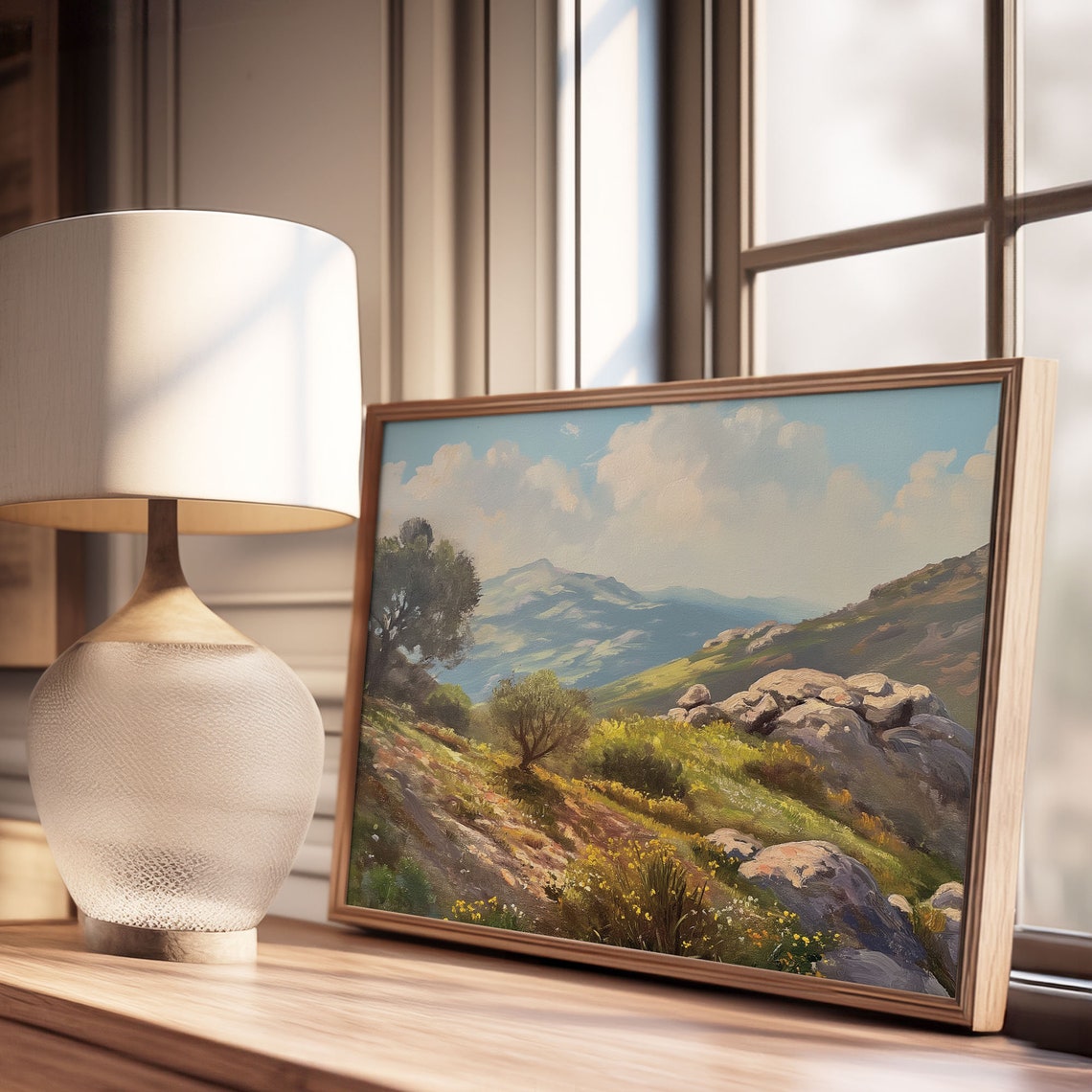 Mountain Valley Olive Trees Painting Rocky Hills Wildflower Poster - Image 3