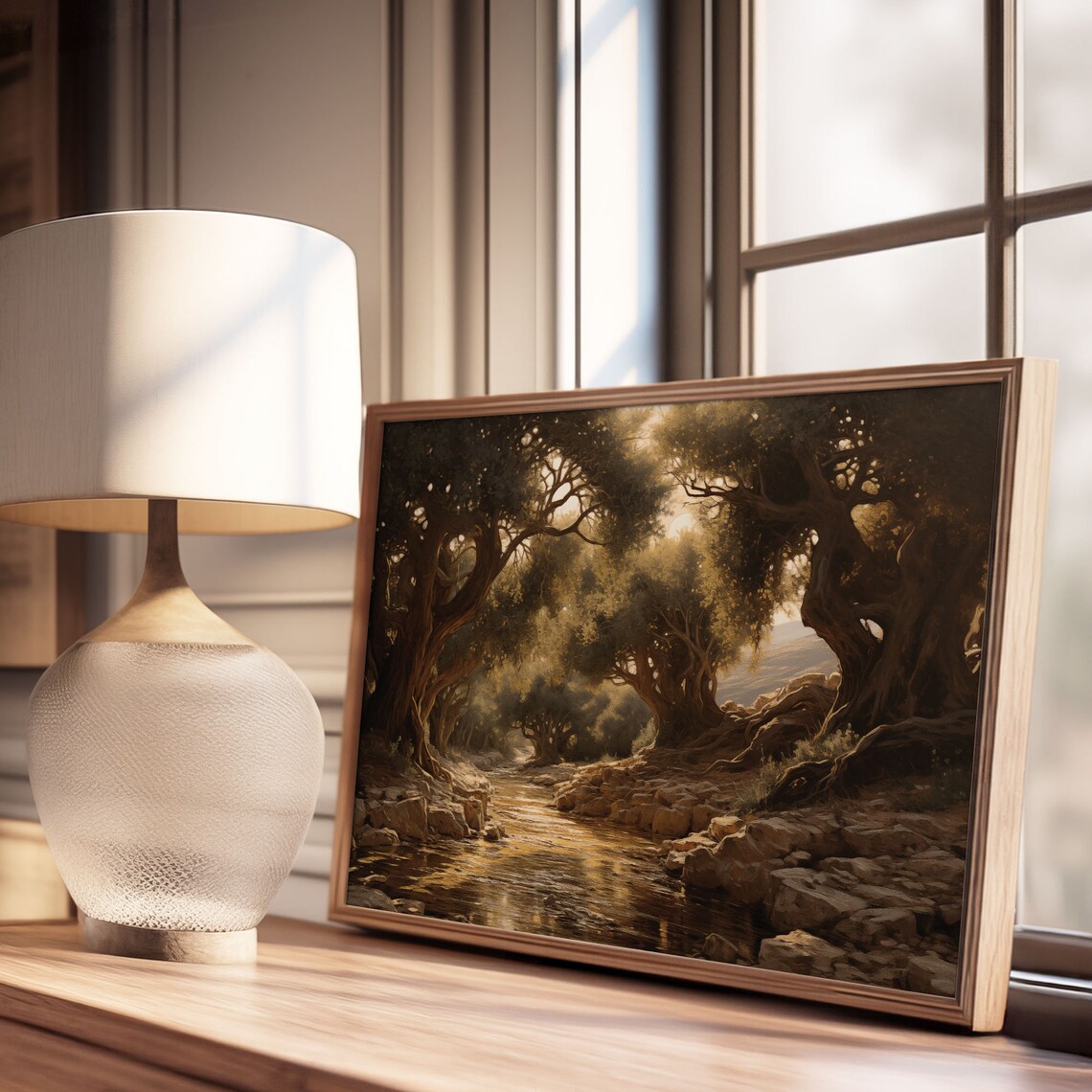 Sunlit Rocky Stream Twisted Oak Grove Arching Trees Oil Painting Poster - Image 3
