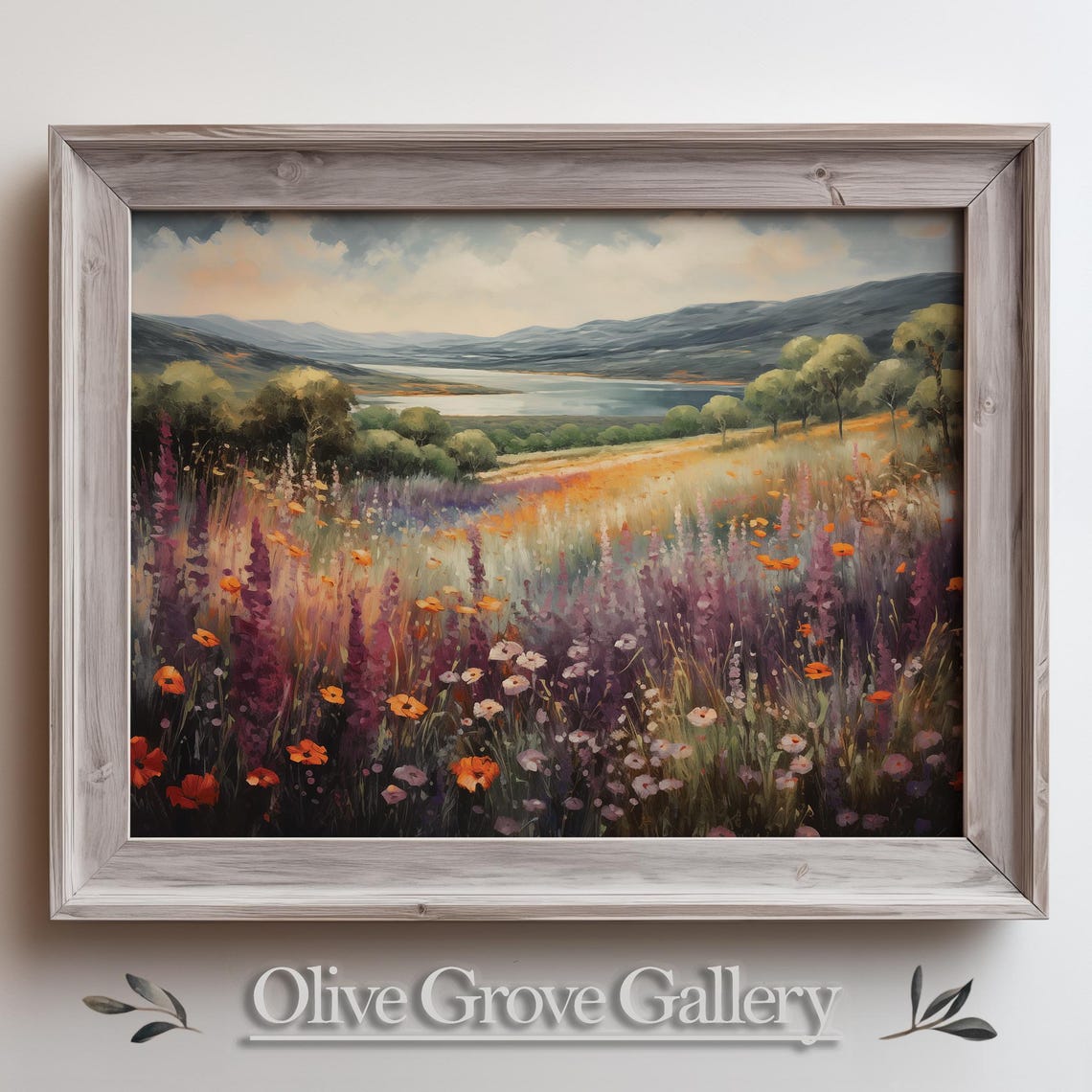 Purple Wildflower Meadow Orange Poppies Lake Hills Oil Painting Poster