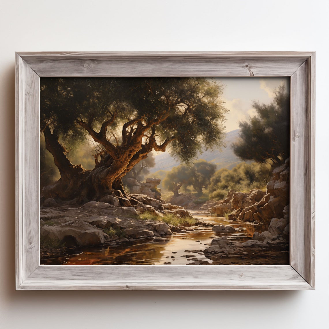 Ancient Olive Tree By Stream At Golden Hour Rustic Oil Painting Poster