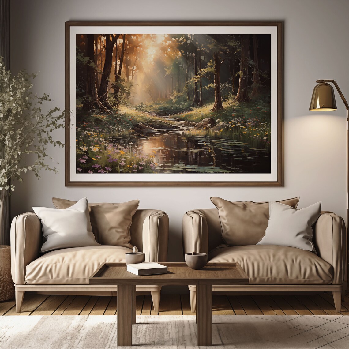 Sunrise Forest Pond Golden Sunbeams Wildflower Oil Painting Poster - Image 2