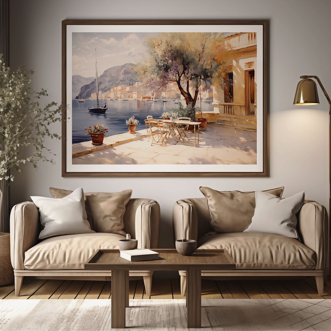 Harbor Cafe Terrace with Sailboats Oil Painting Style Poster - Image 2
