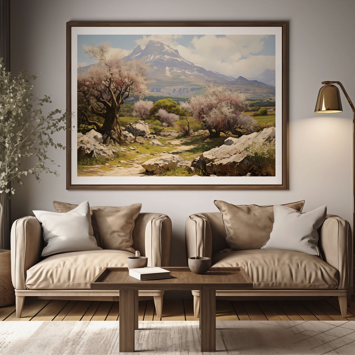 Blossoming Trees Snow Mountain Painting Rocky Meadow Spring Poster - Image 3