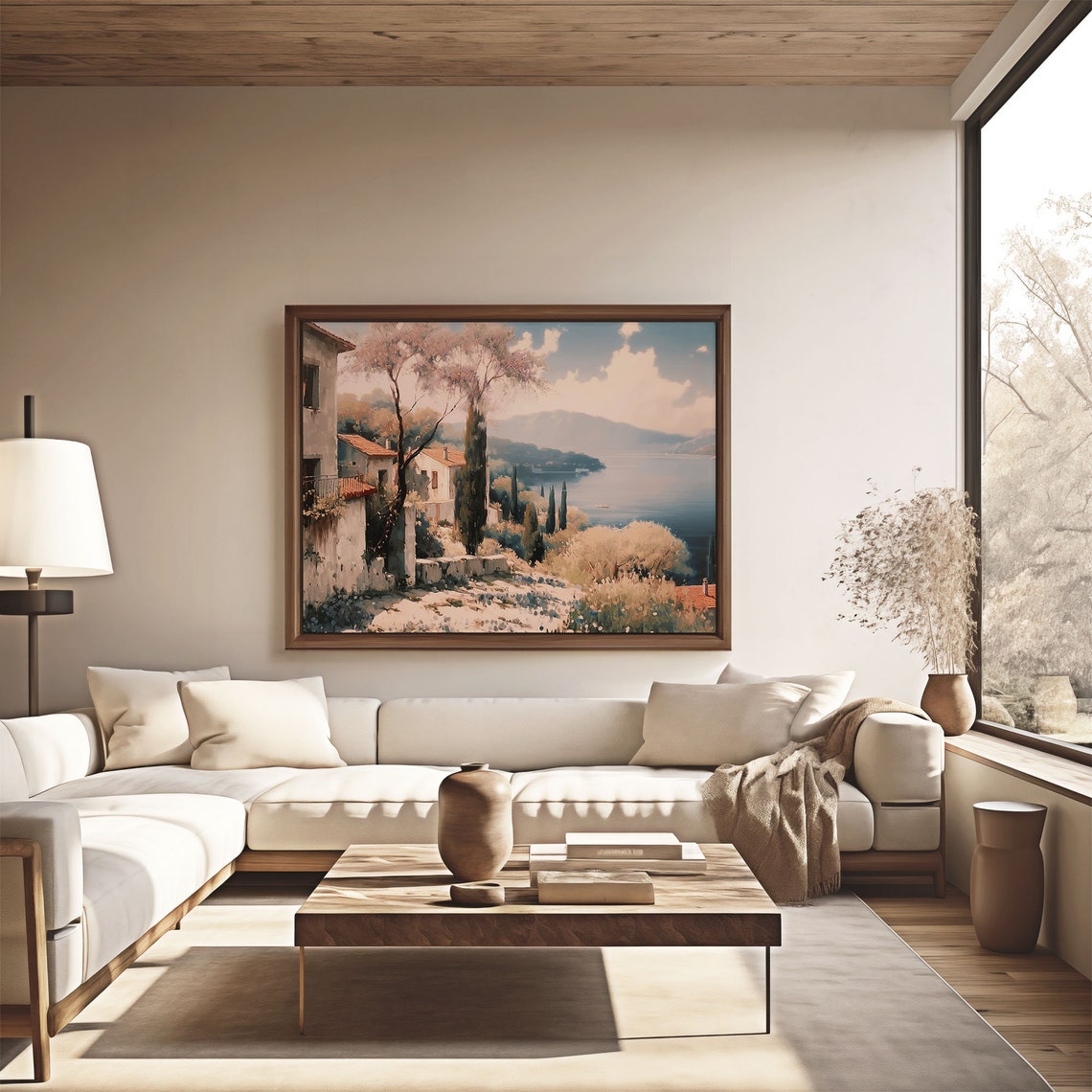 Cypress Trees on Hillside Houses Above Calm Sea Oil Painting Poster - Image 4