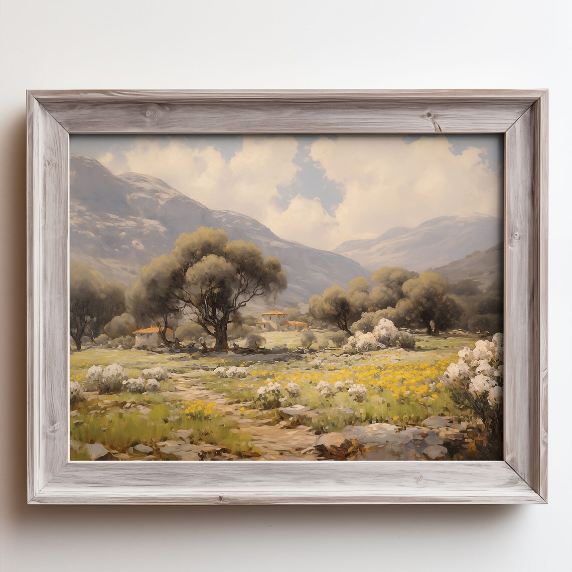 Mountain Meadow Wildflowers with Farmhouse Oil Painting Poster