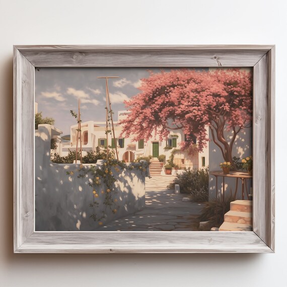 Sunny Whitewashed Courtyard with Pink Flowering Tree Oil Painting Poster