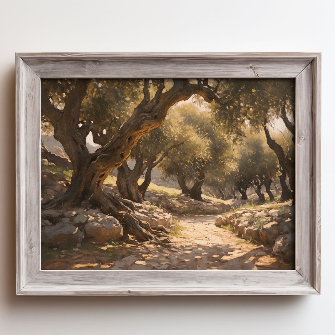 Gnarled Olive Trees Rocky Trail Warm Light Vintage Oil Painting Poster