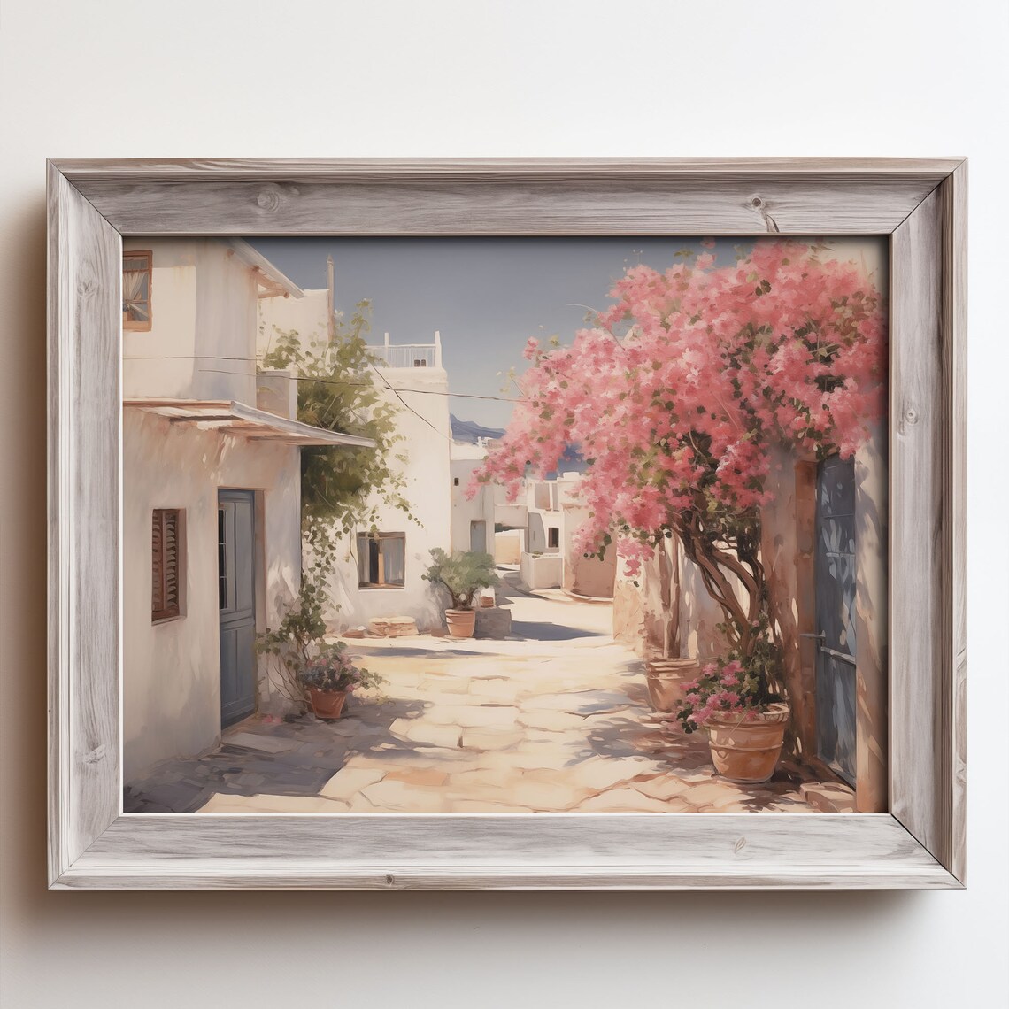 Greek Island Alley with Pink Bougainvillea Oil Painting Poster