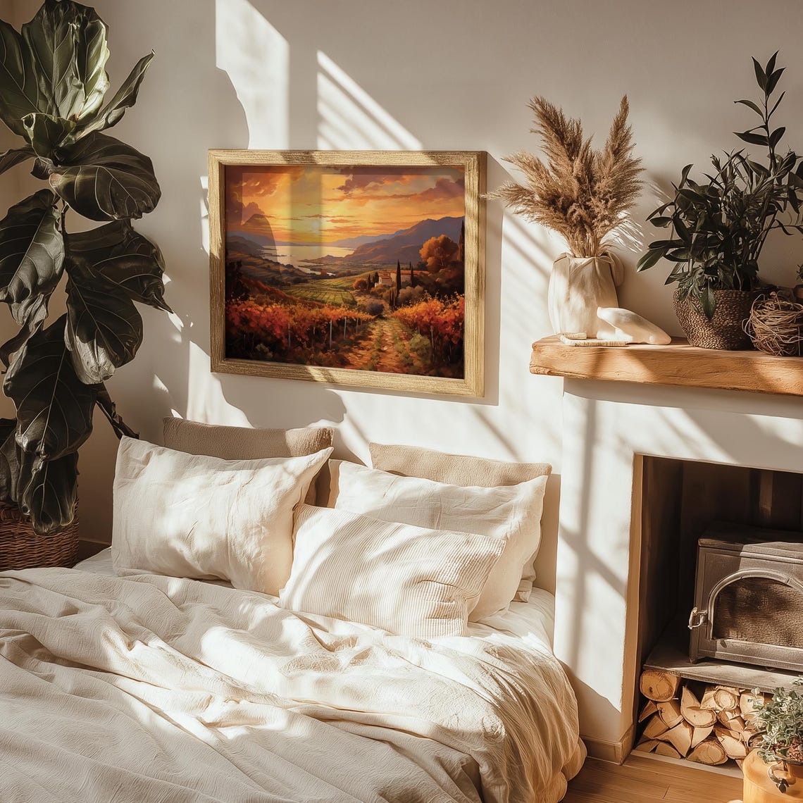 Sunset Over Vineyard Rows With Lake And Farmhouse Vintage Poster - Image 2