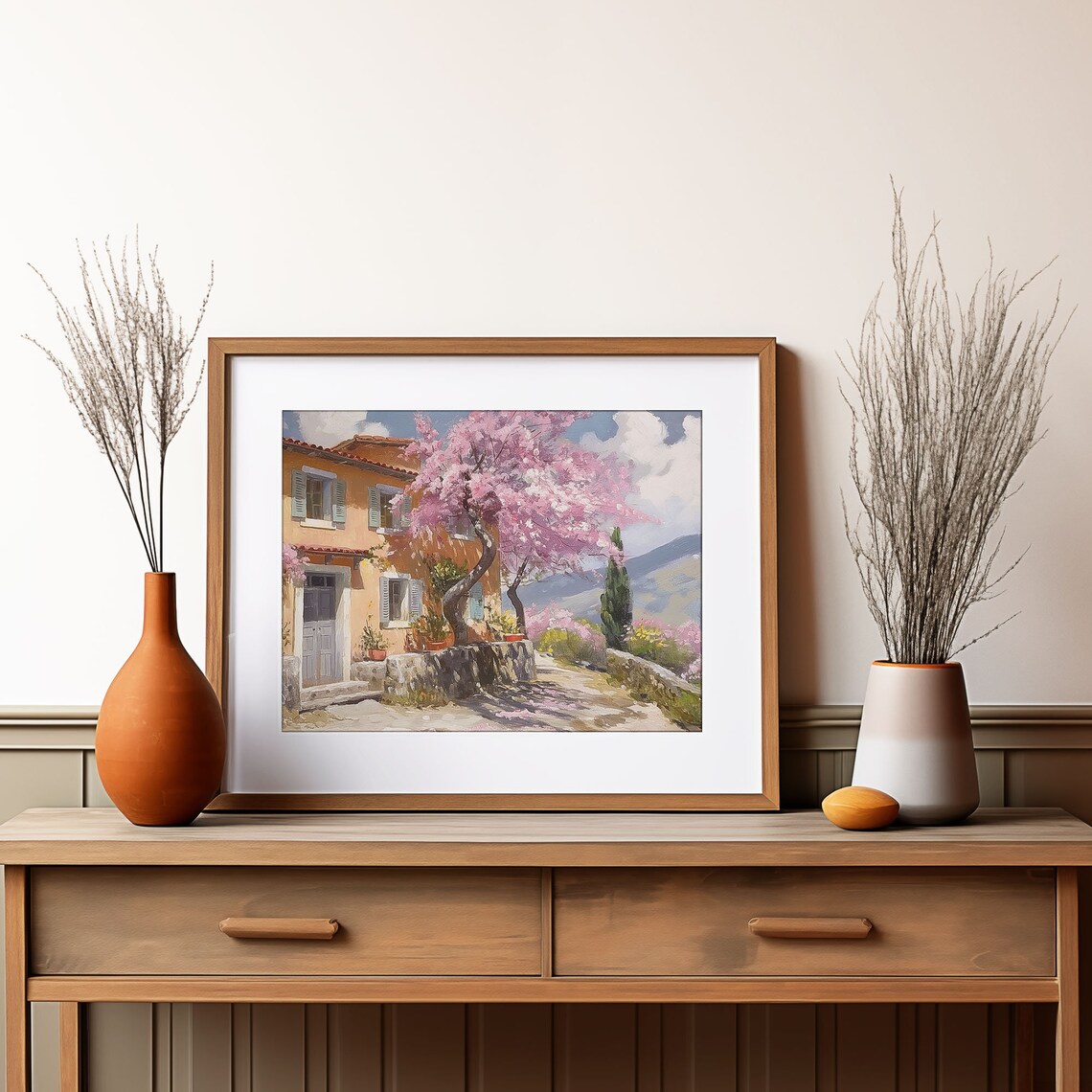 Mediterranean Villa Pink Flowering Trees Spring Blossom Oil Painting Poster - Image 2
