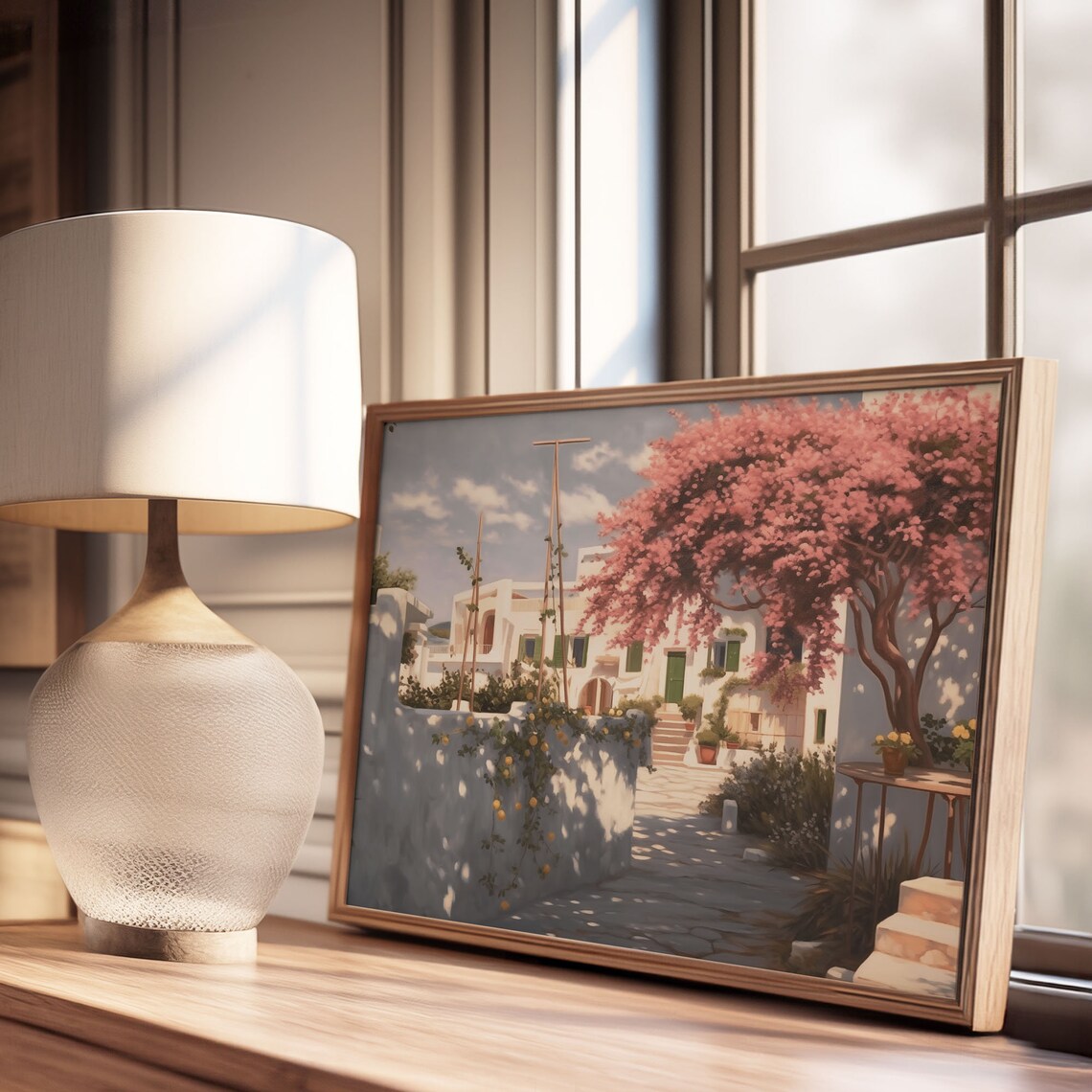 Sunny Whitewashed Courtyard with Pink Flowering Tree Oil Painting Poster - Image 3
